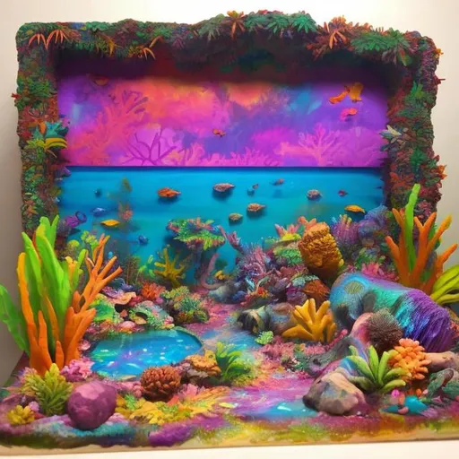 Prompt: Coral reef diorama in the style of Lisa frank