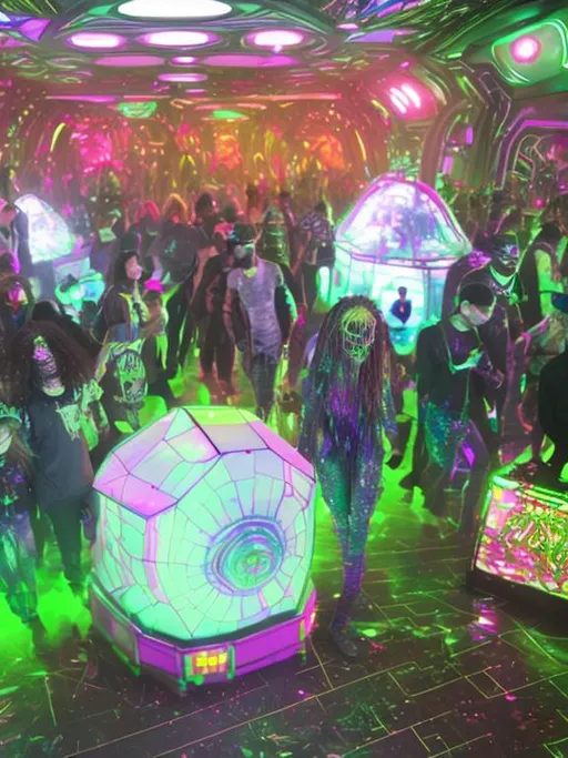 Prompt: Realistic futuristic 90s acid house raver alien mall rat teens in a underground crystal dance club mall Dj turntable 