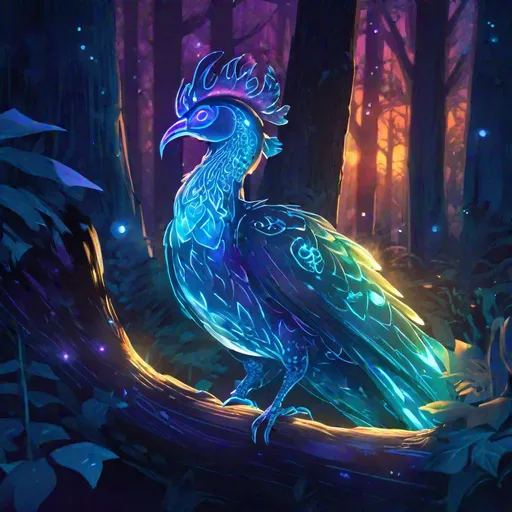 Prompt: A fantasy translucent Cockatrice that is glowing, hiding under a log, in a forest, sunset, beneath the stars, bioluminescent, highres, best quality, concept art