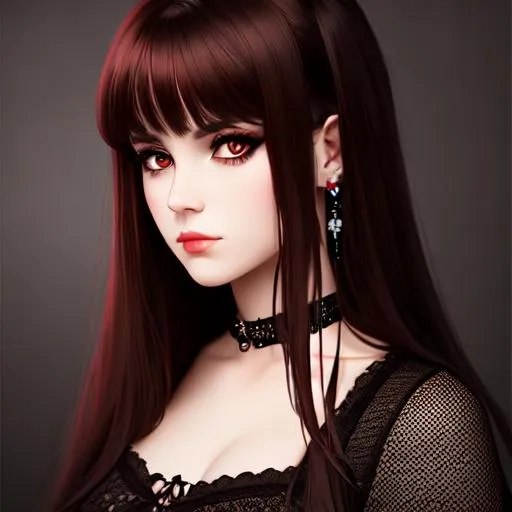 Prompt: Goth girl with sad eyes, portrait, brown hair, red night, oil, HQ, 4k