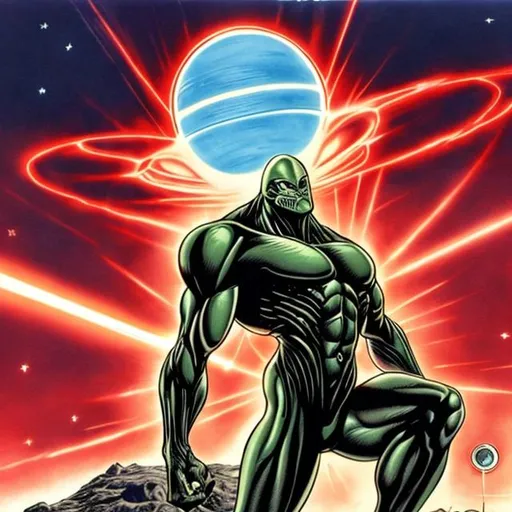Prompt: Huge alien with red eyes and muscular body holding a laser beam gun with nuclear explosion in the background 