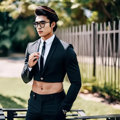 Prompt: an attractive long-haired 21-years old man with a six pack abs and glasses wearing a crop top black suit and tie, he is adjusting his glasses, standing by gate