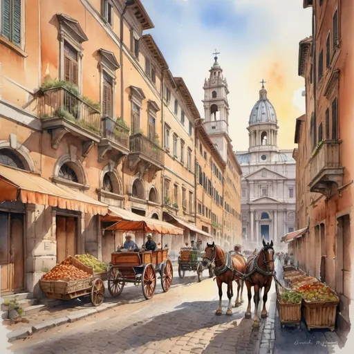 Prompt: Watercolor illustration of a cobbled street in Rome in 1880, ancient buildings lining the road with ornate stone facades and balconies adorned with intricately carved details,
horse-drawn carriages and vendors with colorful market stalls that add vibrancy to the bustling scene, traditional Roman costumes on foot, the warm ambient glow of the rising sun,