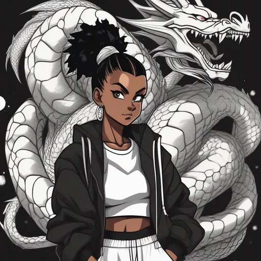 Prompt: Dragon Ball art style, young adult dark skin female, wearing black and white jacket, shenron background, black baggy pants, black short ponytail, black eyes.