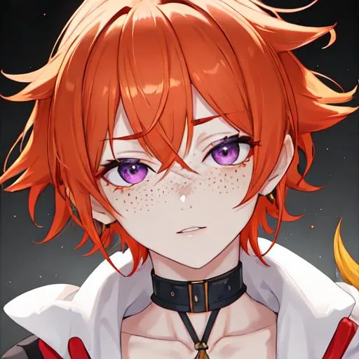 Prompt: Erikku male (short ginger hair, freckles, right eye blue left eye purple) UHD, 8K, Highly detailed, insane detail, best quality, high quality, as a thug