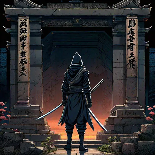 Prompt: anime ninja standing in front of a tomb, highly detailed, HD, dark background, neo tokyo, hayao miyazaki