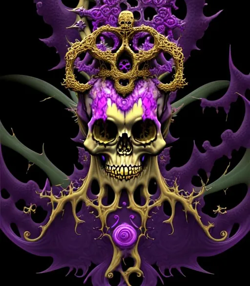 Prompt: scary horror 3D HD Mandelbrot Julia Fractal inky plasma gold silver purple yellow jade {celtic}skull freeform dark chaos --s98500