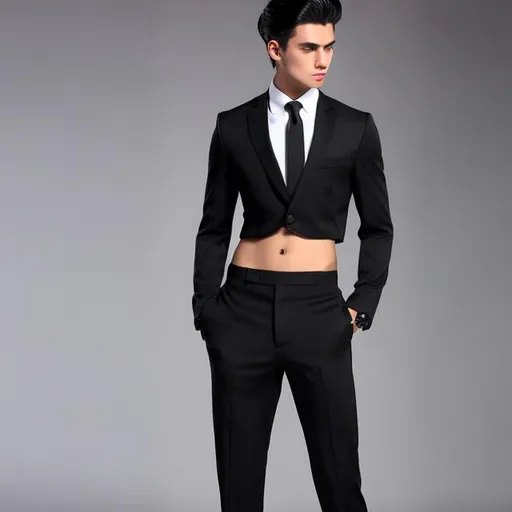 Prompt: crop top, black long sleeve business suit with a black necktie, bare midriff, bare navel, black business suit pants, attractive, 20-years old, determined, long hair, male, man, six pack abs, looking at midriff abs, flexing abs on midriff, hands on hips, sweating excessively, (living room), ((high quality)), 4k, hdr, ((highly detailed)), ((vibrant)),