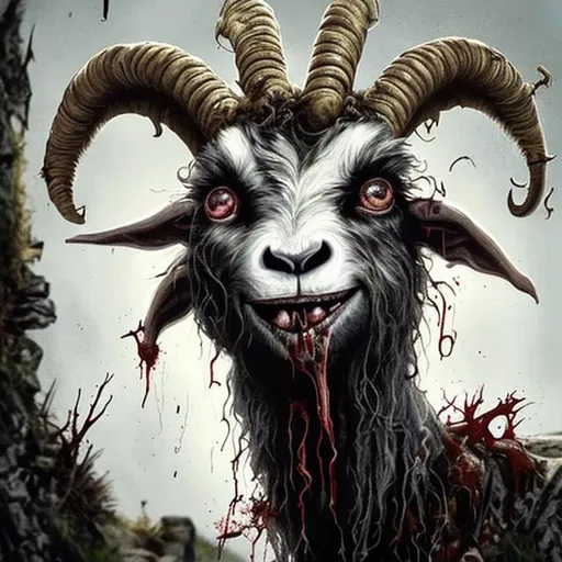 Prompt: A zombie goat would have a generally decayed and unsettling appearance. Its fur would be disheveled and matted, possibly missing in some areas, revealing patches of rotting flesh underneath. The eyes would be sunken and bloodshot, with a dull, lifeless gaze. The goat's mouth would be partially torn or hanging open, exposing sharp, broken teeth and a foul-smelling breath. Its horns might be cracked or chipped, indicating signs of past battles or decay. Additionally, the goat's hooves could be worn, cracked, and covered in grime
