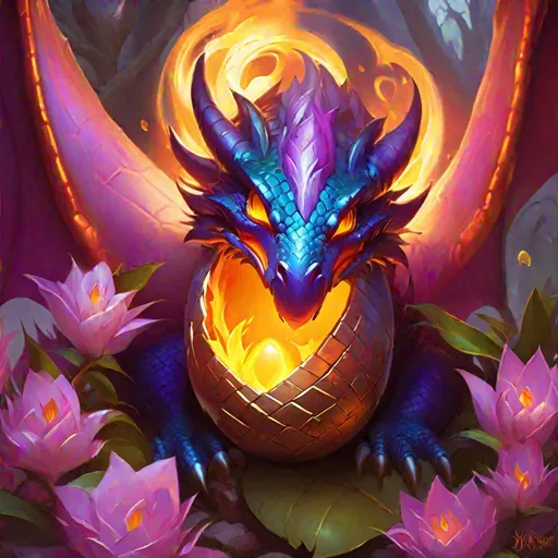 Prompt: world of warcraft style, dragon hatching from an egg, blossom background, radiant, flaming eyes,  art by greg rutkowski and artgerm