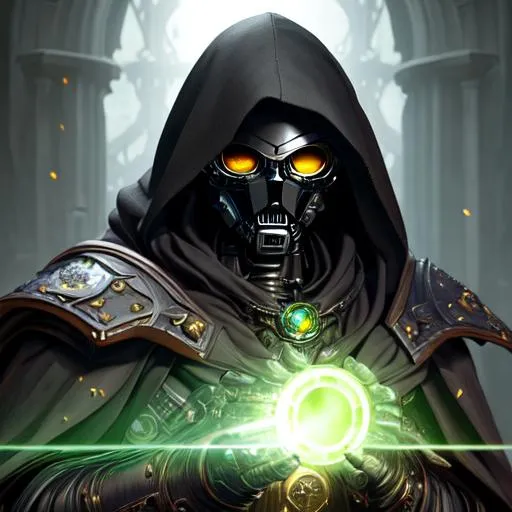 portrait of warforged warlock with short, green eyes...