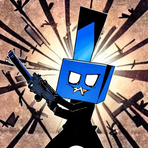 Prompt: box head man with x eyes and a gun sword