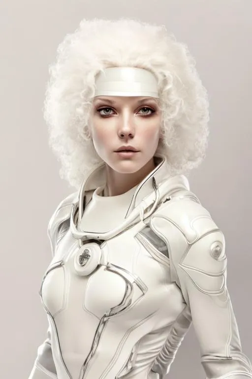 Prompt: Photo, a beautiful woman with a ivory skin, hair and eyes, wearing a white futuristic skintight spacesuit, and curvy white hair, full lighting, on a dark background, from the waist up, style of Javier Garceche & Luis de las Alas.