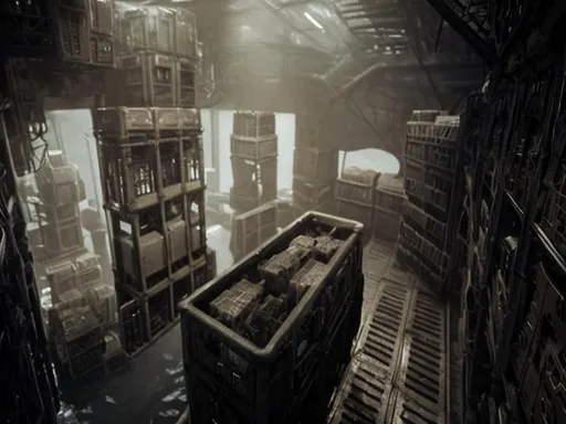 Prompt: Stacked Crago crates in  submarine hallway