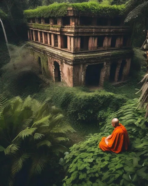 Prompt: A lone orange-robed monk sits cross-legged in a lush jungle in India, surrounded by ancient ruins covered in vines. Shot from above for sense of mystic isolation. Spiritual, ancient, tranquil oasis.