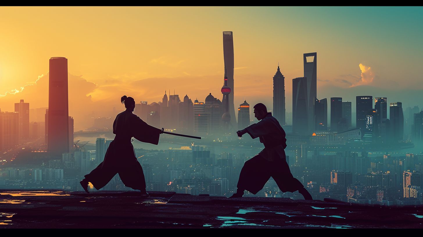 Prompt: Epic confrontation scene showcasing two martial artists in traditional attire, their silhouettes standing out against the gleaming skyscrapers of a bustling city. The horizon reveals a serene natural landscape, juxtaposing the urban with the tranquil