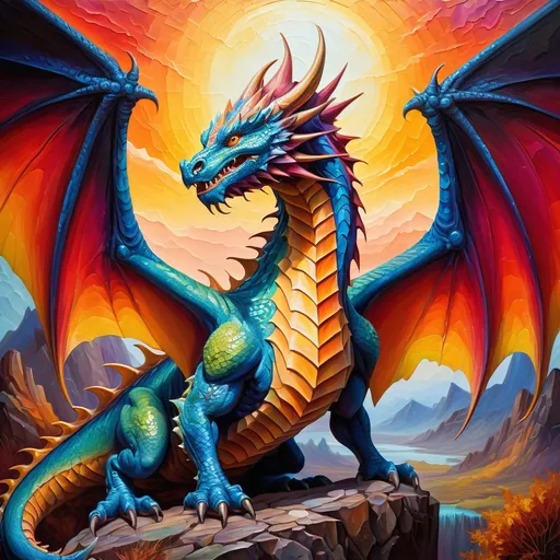 Prompt: Vibrant oil painting of a mystical dragon, rich and textured brushstrokes, majestic wingspan, fierce gaze with piercing eyes, scales shimmering in the sunlight, sprawling fantasy landscape, epic and majestic, oil painting, fantasy, vibrant color palette, textured details, high quality, majestic dragon, mystical, epic fantasy, vibrant colors, detailed wings, professional lighting