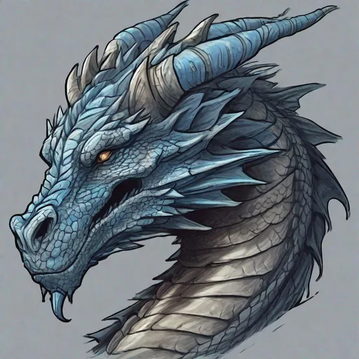 Prompt: Concept design of a dragon. Dragon head portrait. Coloring in the dragon is predominantly dark gray with subtle blue streaks and details present.
