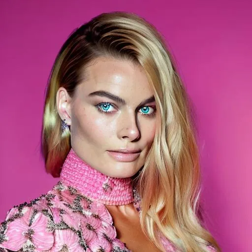 Prompt: High quality picture of Margot Robbie wearing a high detailed inspired pink Barbie Chanel outfit in a Barbie world background
