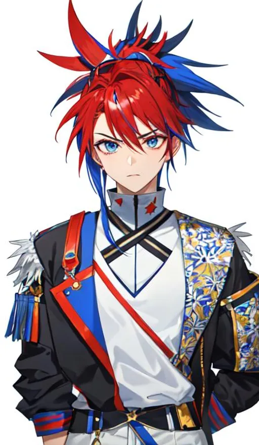 Prompt: Aster, 1 male. intimidating, blue and red mohawk