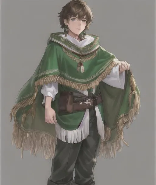 Prompt: A young man, soft facial features, shaggy brown hair. green, mexican poncho. steel earrings, leather boots, portrait, full body, pretty face, fantasy, pants. white, long sleeves shirt. standing