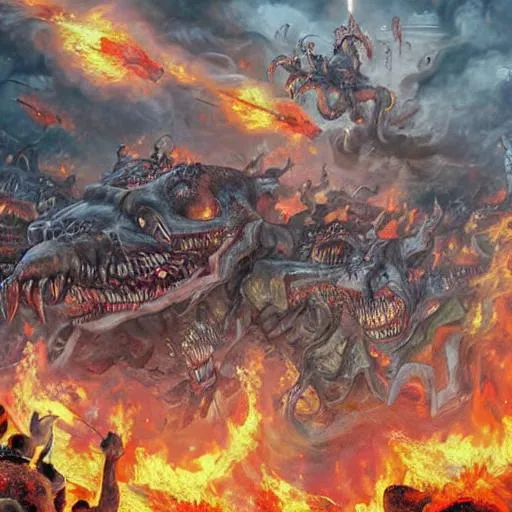 Prompt: A hyper detailed painting of Satans and his Legion of 1000 Hyper realistic Demons yelling loudly ,with a ww2 style battle ruined city in flames as a back ground in 8k