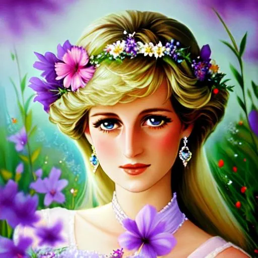 Prompt: Princess Diana as a fairy goddess of wildflowers ethereal,dreamscape, cool colors, closeup