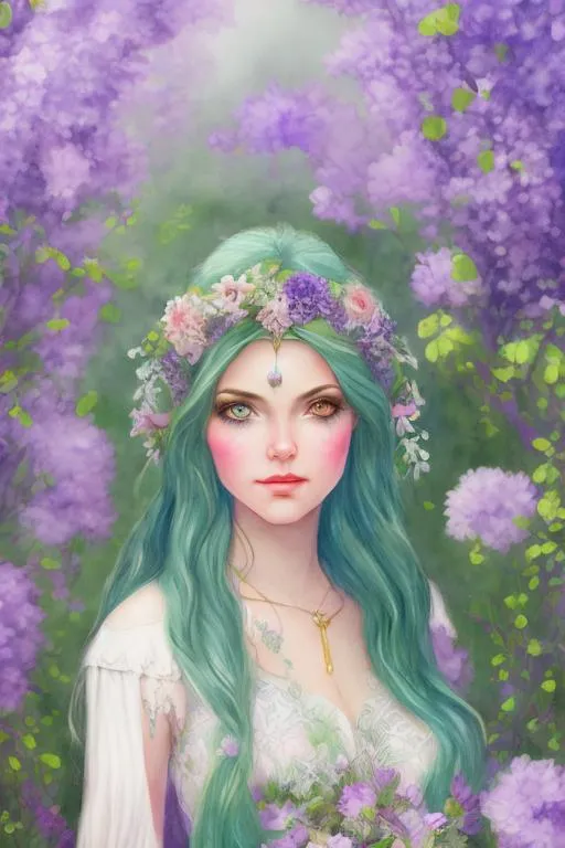 Prompt: 1girl, portrait, watercolor masterpiece,

realistic illustration of Female fantasy elf druid, in a vintage lavender and light mint green dress, green flowers in her purple hair, in a forest by the moonlight, symmetrical,