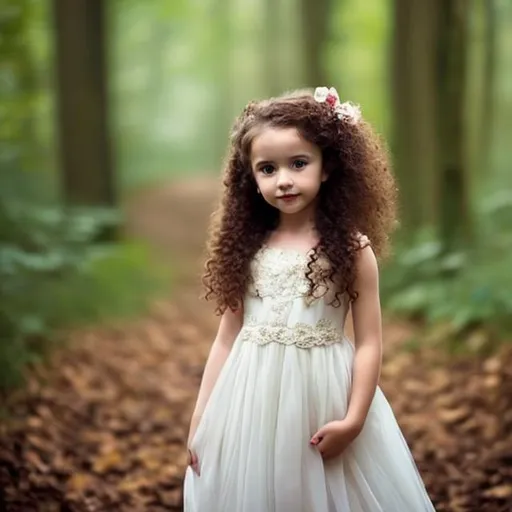 Prompt: Little girl in woods beautiful calm curly hair girl