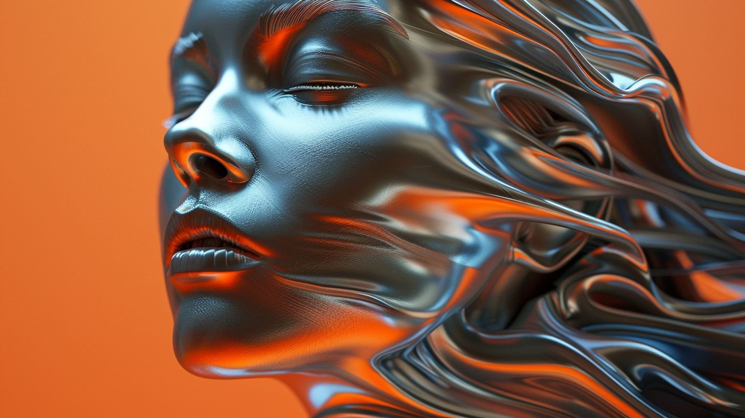 Prompt: Close-up of a female head with flowing, striped hair, rendered in the style of abstraction-création. The hair is made of smooth, liquid metal, reminiscent of the works of Zaha Hadid. Render in stunning 8k 3D detail, with a focus on the figura serpentinata form.