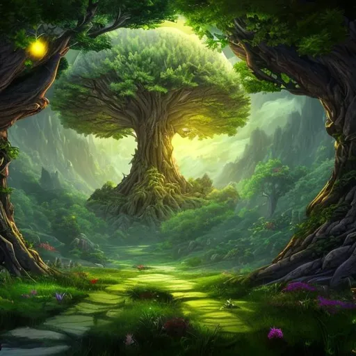 Prompt: Fantasy forest with big tree, world tree, grass place in middle of forest
