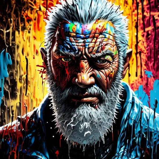 Prompt: old man logan, alex ross, graffiti art, splash art, street art, spray paint, oil gouache melting, acrylic, high contrast, colorful polychromatic, ultra detailed, ultra quality, CGSociety, depth of field, 3d render, unreal engine 5