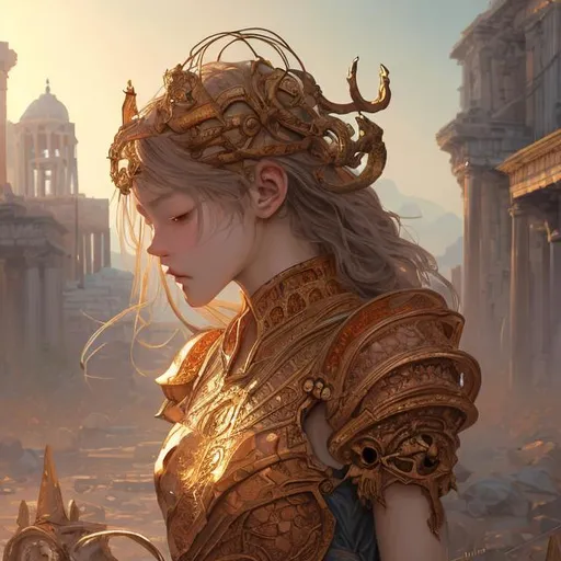 Prompt: "portrait knights of zodiac girl, golden and copper shining armor, karate pose, in ruined agora of athens sunrise, ssci - fi and fantasy, intricate and very very beautiful and elegant, highly detailed, digital painting, artstation, concept art, smooth and sharp focus, illustration, art by tian zi and wlop and alphonse mucha and z - - ed"