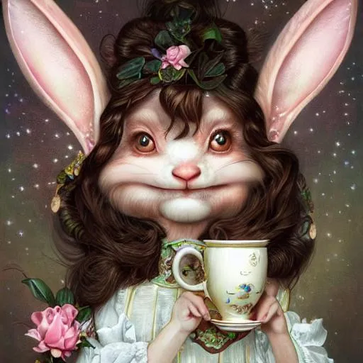 Prompt: A Well-Dressed Bunny, by Mark Ryden and Dominic Murphy, and Tom Bagshaw, fairy wings, white and brown and pink dwarf bunny rabbit as a fantasy D&D character, holding a tea cup, portrait art by Donato Giancola and James Gurney, digital art, trending on artstation, pop surrealism, lowbrow art, realistic, hyper realism, muted colours, rococo, natalie shau, loreta lux, tom bagshaw, mark ryden, trevor brown style,