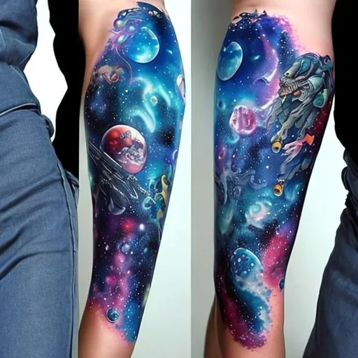 Prompt: oceanic space themed full sleeve leg tattoos