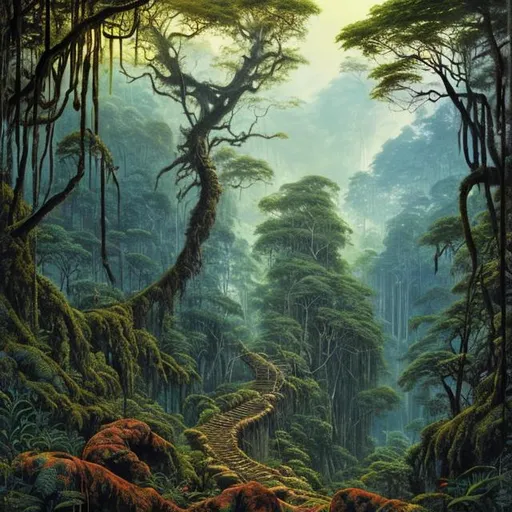 Prompt: Landscape painting, lush and dark jungle, old rocky path, dull colors, danger, fantasy art, by Hiro Isono, by Luigi Spano, by John Stephens