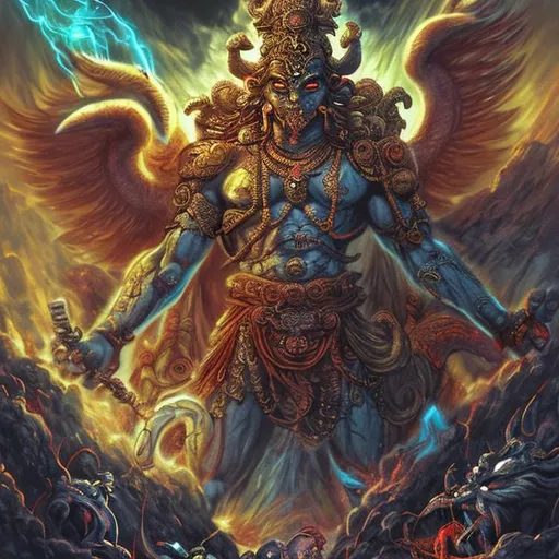 Prompt: concept: The Battle of the Gods and Demons in Heaven

In Hindu mythology, there is often a struggle between gods (devas) and demons (asuras) for control over heaven and earth. You can create an image that depicts a fierce and chaotic battle taking place in the heavenly realms.

Scene Description:

Setting: The image should be set in a celestial and surreal landscape, with floating islands, radiant clouds, and divine architecture to represent heaven.

Gods and Demons: Depict various gods from Hindu mythology, such as Lord Vishnu, Lord Shiva, Lord Indra, and others, on one side. On the other side, show formidable demon kings like Ravana, Mahishasura, and others.

Weapons and Powers: Illustrate the gods and demons using their iconic weapons and supernatural powers. For example, Lord Shiva could be shown with his trident, Lord Indra with his lightning bolt, and the demons with their mystical weapons.

Mounts and Allies: Include divine mounts like Lord Vishnu's Garuda and Lord Shiva's Nandi. Also, add celestial beings, such as Apsaras and Gandharvas, witnessing the battle.

Symbolic Elements: Incorporate symbolic elements, like a lotus representing purity and knowledge for the gods, and a fire-breathing dragon for the demons symbolizing chaos.

Emotions: Convey emotions through the characters – determination, anger, fear, and valor. Show the gods fighting to protect dharma (righteousness) and the demons seeking power.

Background Story: Add subtle details that hint at the reason for the battle, such as the demons' attempt to steal the elixir of immortality (amrita) or the gods defending their divine realm.

Remember to use vibrant colors, intricate details, and creative composition to make the image visually captivating. This concept combines elements of Hindu mythology with artistic imagination to create a unique and thought-provoking depiction of a "bad thing in heaven.