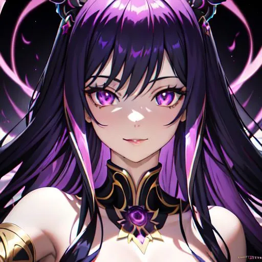 Prompt: detailed background, portait  young woman, smile yandere, purple and deep blue long hair, light yellow upside hair, dark pink eyes, lights and shadows efects, magic efects, the chaos of light, tuning colors, detailed splash light colors efects, empress of demon, crazy shadows efects, the woman is appoint her hand to camera, perfect hand, without body error