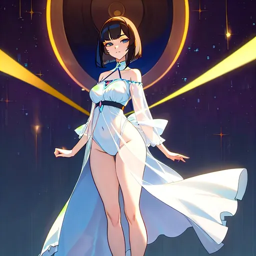 Prompt: a lonely AI girl, very tall, thick thighs, wide hips, huge glutes, long legs, arms, slender waist, big beautiful symmetrical eyes, intriguingly beautiful face, very sleepy aloof expression, symmetrical face, bob haircut with bangs, (wearing a delicate nightgown), 36K resolution, hyper-professional, impossible quality, impossible resolution, impossible detail, hyper output