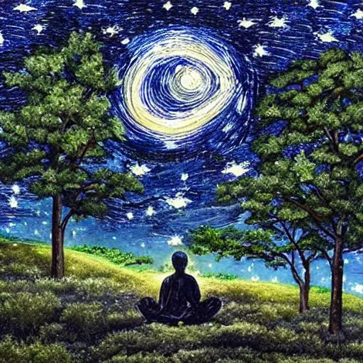 Prompt: A 200 year old man meditating under a tree inside a forrest in a starry night in moonlight 