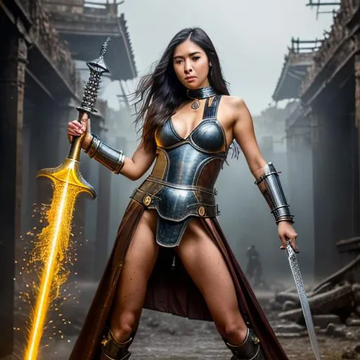 Prompt: splash art, hyper detailed perfect face, full body, In an ultra realistic ancient battle zone,

beautiful, young adult, Asian, science fiction, goddess, full body, long legs, perfect body,

wearing a torn filthy and ragged dress, heavy iron slave collar, sword master, in a defensive stance,

high-resolution cute face, perfect proportions, intricate hyper detailed hair, light makeup, sparkling, highly detailed, intricate hyper detailed shining eyes,

Dark, ethereal, elegant, exquisite, graceful, delicate, intricate, hopeful, glamorous,

HDR, UHD, high res, 64k, cinematic lighting, special effects, hd octane render, professional photograph, studio lighting, trending on artstation