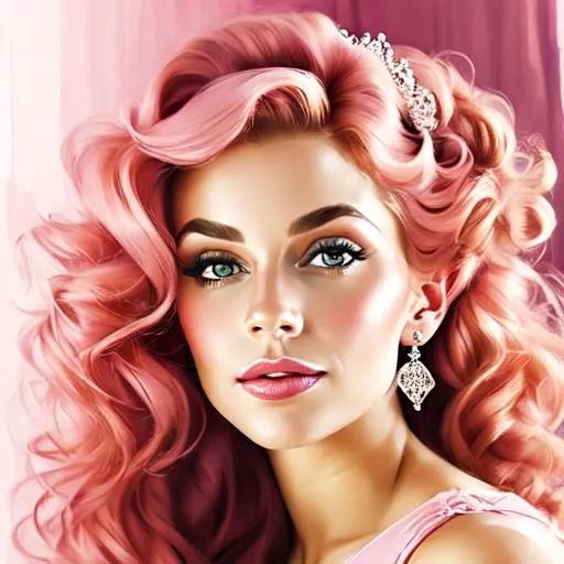 Prompt:  princess wearing pink, curled hair at sides of face, facial closeup