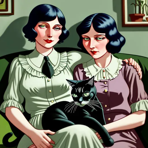 Prompt: Rancho Relaxo 1928, Two women who love their cats