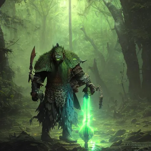 Prompt: Evil Orc, Wielding An Axe glowing with sickly Green energy, wearing Alligator Hide Armor covered in blood, a masterpiece, 8k resolution, dark fantasy concept art, by Greg Rutkowski, dynamic lighting, hyperdetailed, intricately detailed, Splash screen art, trending on Artstation, deep color, Unreal Engine, volumetric lighting, Alphonse Mucha, Jordan Grimmer, purple and yellow complementary colours