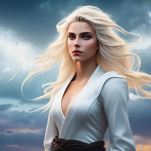 Prompt: beautiful glowing light reaper, white-blonde hair, tan skin, levitating in a stormy sky. heart-shaped face, blue eyes, head tilted down eyes looking up.
queen of swords