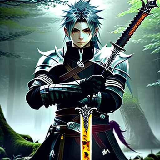 Prompt: Young knight with tied white hair and amber eyes, holding a two handed sword, wearing black armor he stands ready for battle in a forest, in a style like final fantasy
