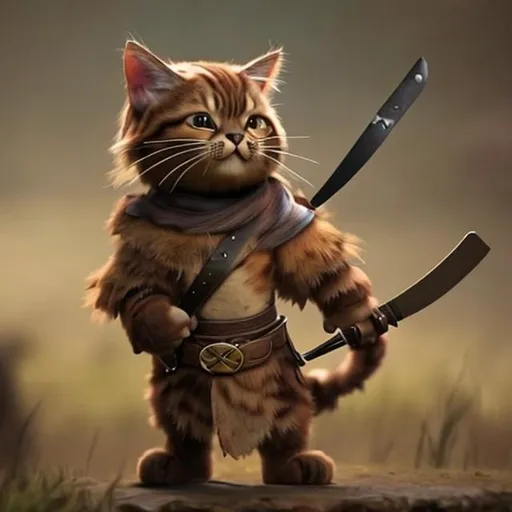 Prompt: a cat with brown fur holding a knife and a belt with walking out of  a battle seen.