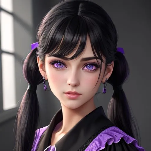 Prompt: hd, smooth, 4k, black hair, straight pigtails, purple eyes, aesthetic, beautiful eyes, soft lighting, smooth, anime, portrait, skirt, black clothes, {{{{highest quality stylized character masterpiece}}}} best award-winning digital oil painting with {{lifelike textures brush strokes}}, hyperrealistic, intricate, perfect, 128k, UHD, sharp focus, city
