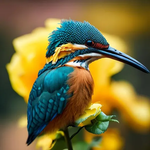 Prompt: Photo of a kingfisher bird standing on a yellow rose, macro lens