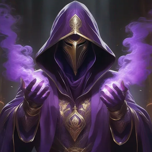 Prompt: high-quality high-detail highly-detailed breathtaking Villen ((by Aleksi Briclot and Stanley Artgerm Lau)) - ((a warlock)), hooded purple detailed warlock ornate robes casting smoke in hands, flying, smoke in feets, glowing, highly detailed vintage brass jester mask, add some purple smoke in his hands, glowing chest emblem , smooth detailed shoulder plates, detailed ivory, full body, fantasy robes,, wearing mime mask, 8k,  full form, detailed library setting, full form, epic, 8k HD, ice, sharp focus, ultra realistic clarity. Hyper realistic, realistic, close to perfection, high quality cell shaded illustration, ((full body)), dynamic pose, perfect anatomy, centered, freedom, soul, approach to perfection, cell shading, 8k , cinematic dramatic atmosphere, watercolor painting, global illumination, detailed and intricate environment, artstation, concept art, fluid and sharp focus, volumetric lighting, cinematic lighting,
